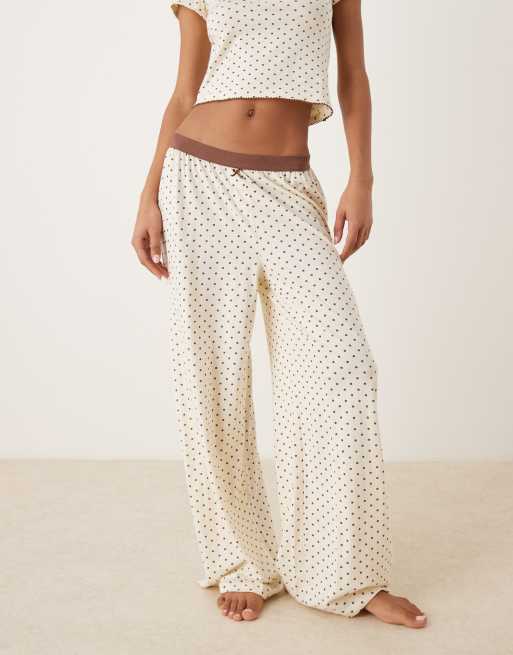 ASOS DESIGN mix & match wide leg pajama bottoms with velvet trim in cream & brown polka dot print