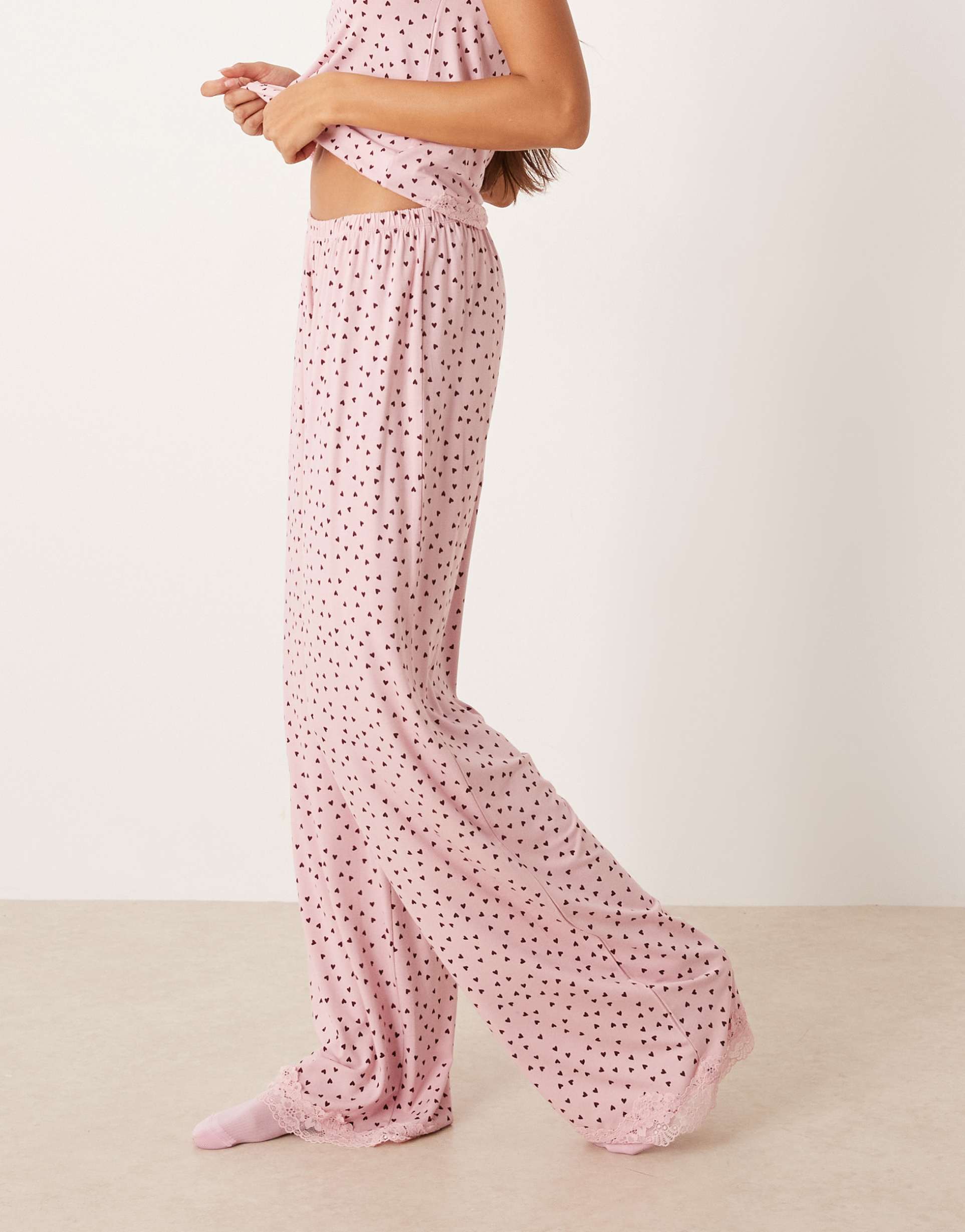 asos design mix & match wide leg pajama pants with lace trim in pink heart print