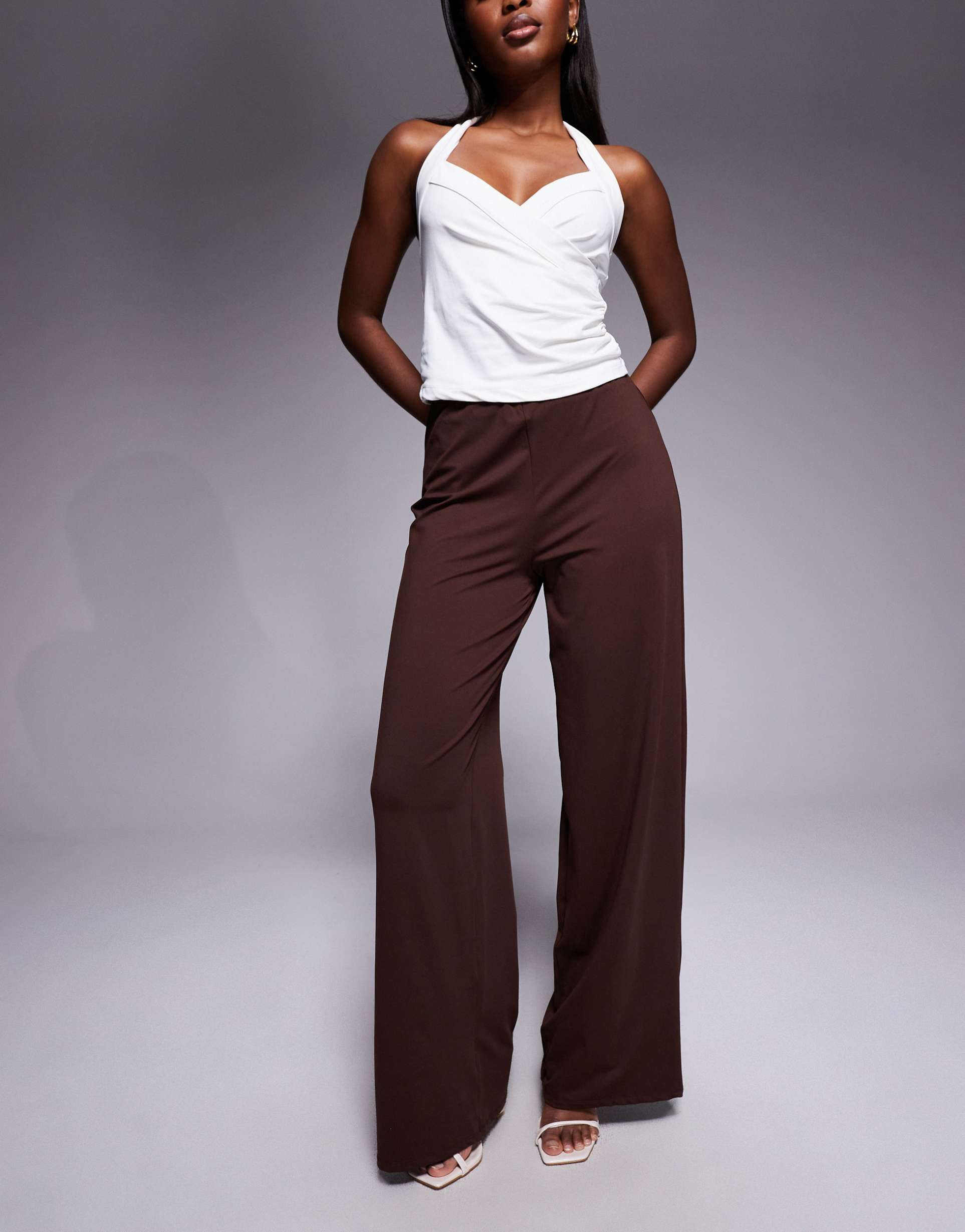 asos design mix & match wide leg pants in brown