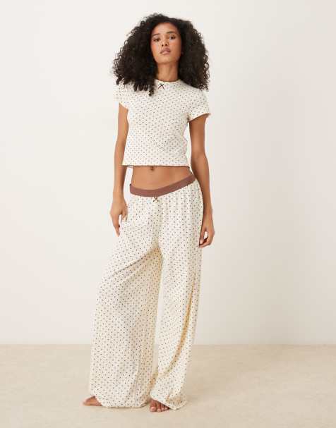 ASOS DESIGN mix & match wide leg pyjama bottoms with velvet trim in cream & brown spot print - view 1