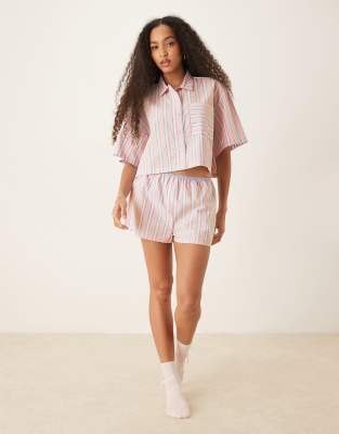 ASOS DESIGN mix & match woven boxer pajama shorts in pink & blue stripes-Multi