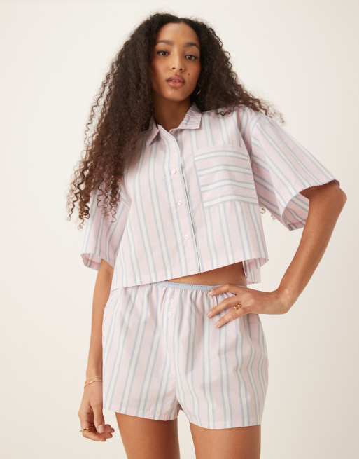 ASOS DESIGN mix & match woven pyjama set in pink stripe
