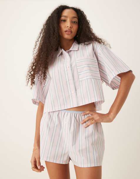 ASOS DESIGN Mix & Match woven pyjamas in pink & blue stripe - view 1