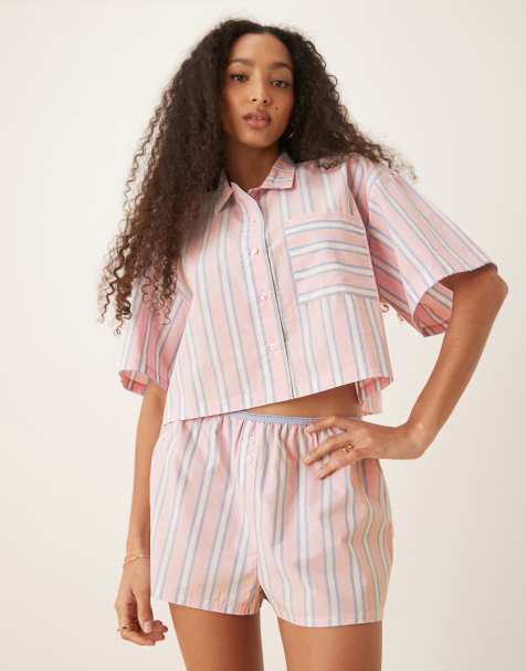 ASOS DESIGN mix & match woven pyjamas in pink stripe - view 1