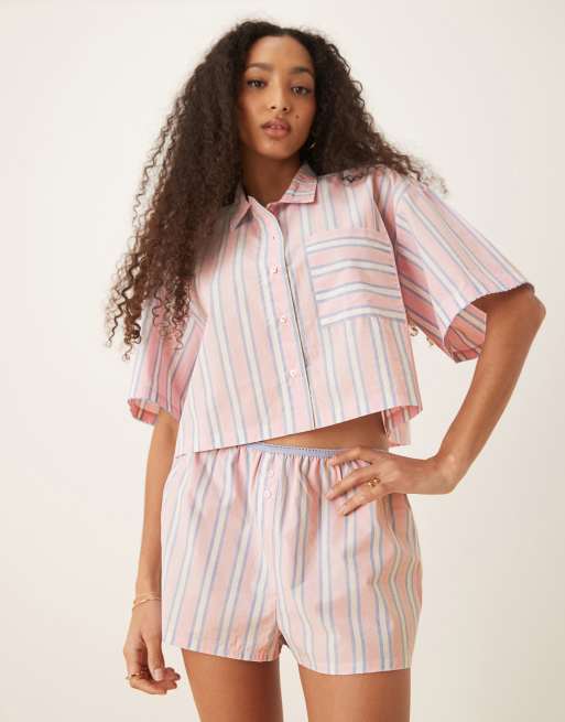 ASOS DESIGN mix & match woven pyjamas in pink stripe