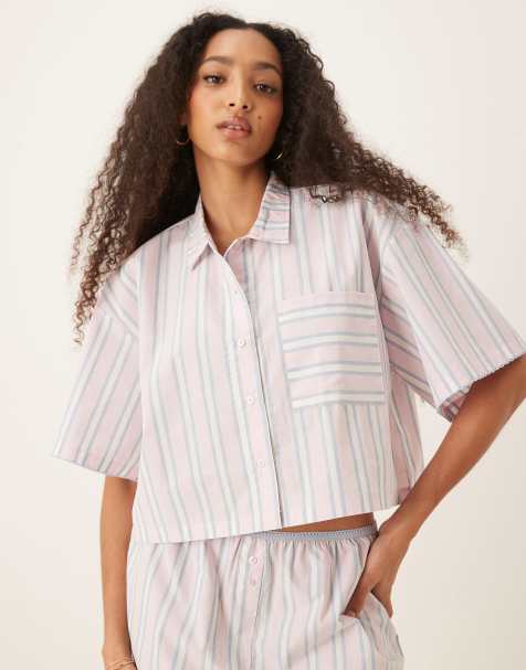 ASOS DESIGN mix & match woven short sleeve shirt in pink & blue stripe - view 1