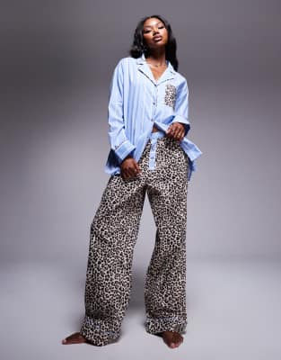 mix 
match woven stripe and leopard print pajama pants-Multi