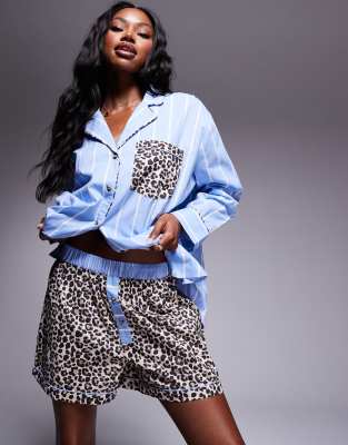 ASOS DESIGN ASOS DESIGN mix & match woven stripe and leopard print pyjama boxer short-Multi