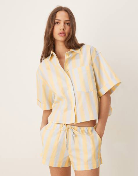 ASOS DESIGN mix & match woven stripe oversized short sleeve shirt in blue and buttermilk stripe - view 1