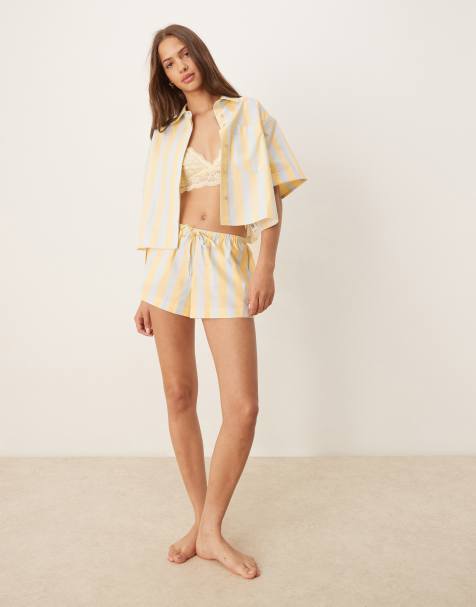 ASOS DESIGN mix & match woven stripe pyjamas in blue and buttermilk - view 1