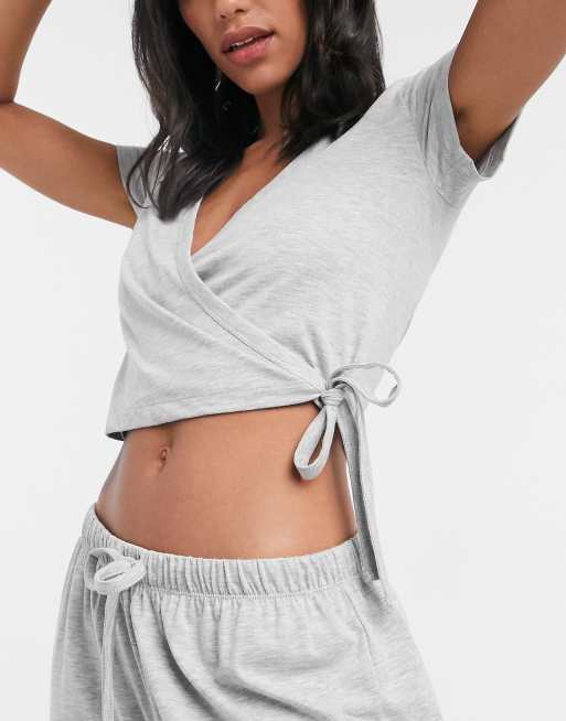 ASOS DESIGN mix & match wrap front jersey pyjama top in grey marl, 3 of 4