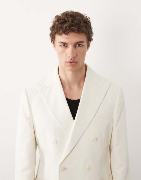 ASOS DESIGN – Mix & Match – Zweireihige Slim-Fit-Anzugjacke in Creme mit hohem Leinenanteil - view 1