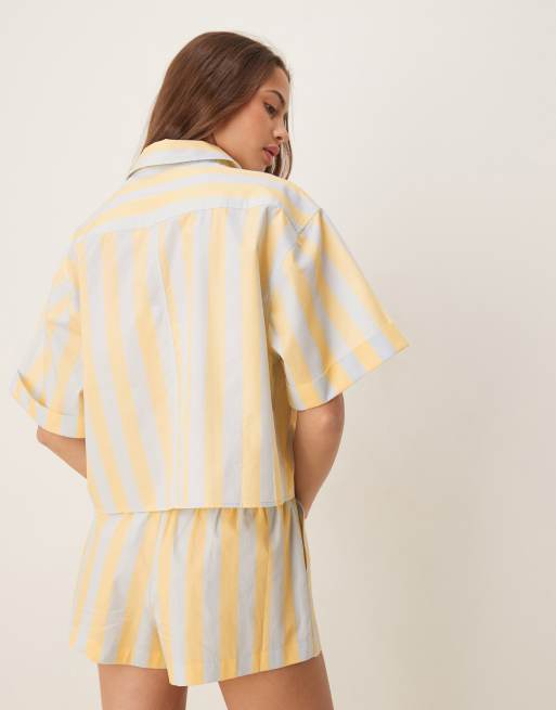 ASOS DESIGN - Mix og match - Blå og lysegul vævet pyjamasskjorte med korte ærmer og striber, 4 af 4