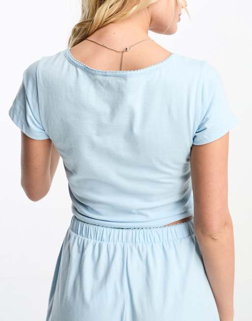 ASOS DESIGN - Mix og match - Blå pyjamas-T-shirt med picot-kant i bomuld, 3 af 4