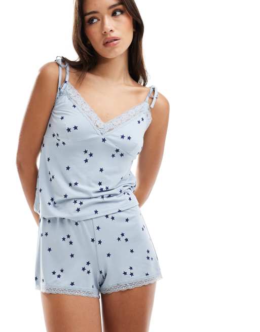 ASOS DESIGN - Mix og match - Blå pyjamasshorts i superblødt materiale med stjerneprint og blondekant