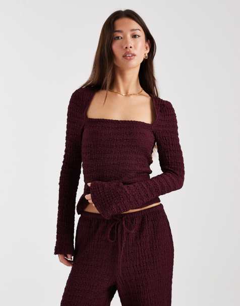 ASOS DESIGN - Mix og match - Bordeaux langærmet tekstureret overdel med firkantet hals og trompetærmer - view 1