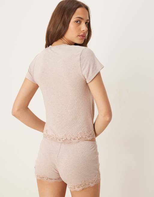 ASOS DESIGN - Mix og match - Brun pyjamas-T-shirt i ribstrik og blondestof, 3 af 4