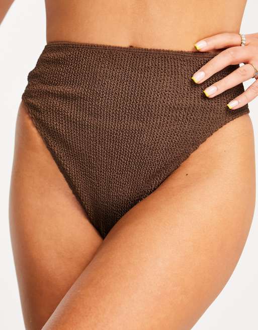 ASOS DESIGN - Mix og Match - Chokoladebrune højtaljede bikinitrusser i krølstof med høj benskæring