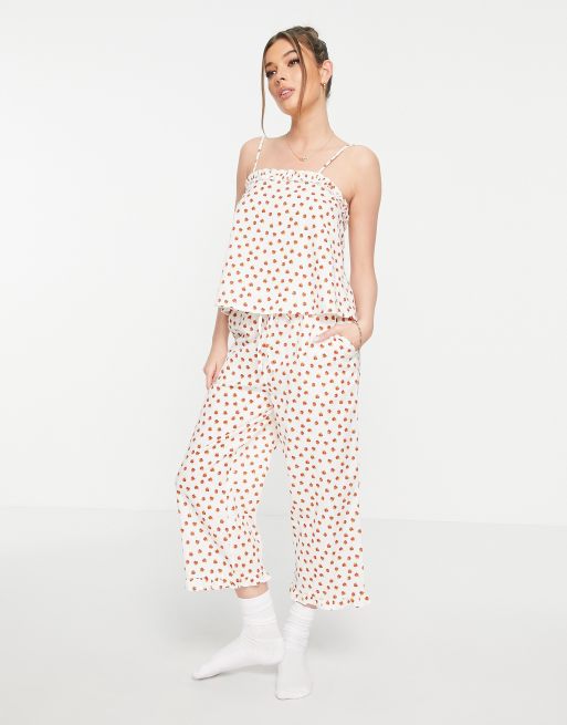  ASOS DESIGN - Mix og match - Cremehvide pyjamas-culottebukser med flæser og rødt print i hør 