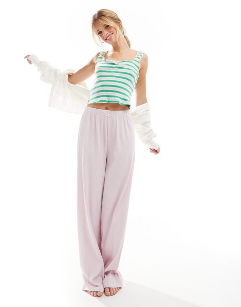 ASOS DESIGN - Mix og match - Grøn og lilla sæt med pyjamastop og scrunchie med ribber og striber - view 1