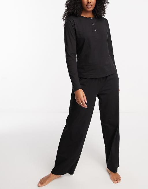 ASOS DESIGN - Mix og match - Henley - Sort langærmet pyjamastop i bomuld, 4 af 4