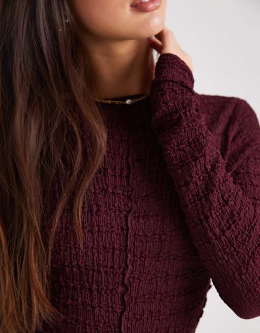 ASOS DESIGN - Mix og match - Langærmet bordeauxrød top med tekstur og sømdetaljer samt dyb rund ryg , 2 af 4