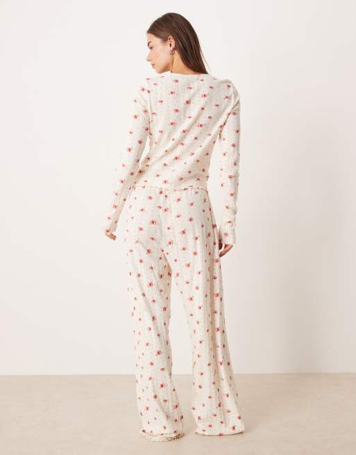 ASOS DESIGN - Mix og match - Langærmet pyjamastop i pointelle med småblomstret print, 3 af 4