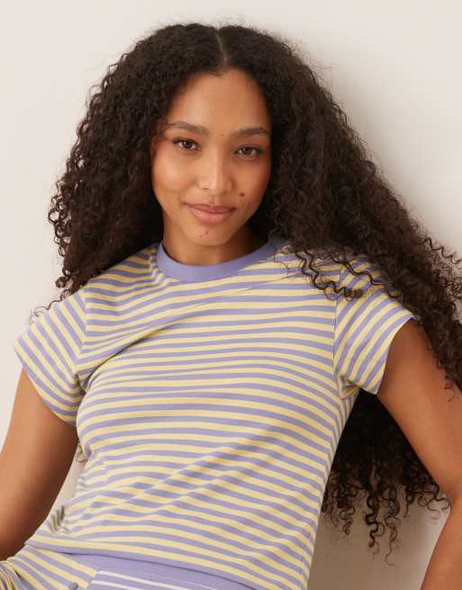 ASOS DESIGN - Mix og match - Lilla og gul pyjamas-T-shirt med baby-snit og forskellige striber, 4 af 4