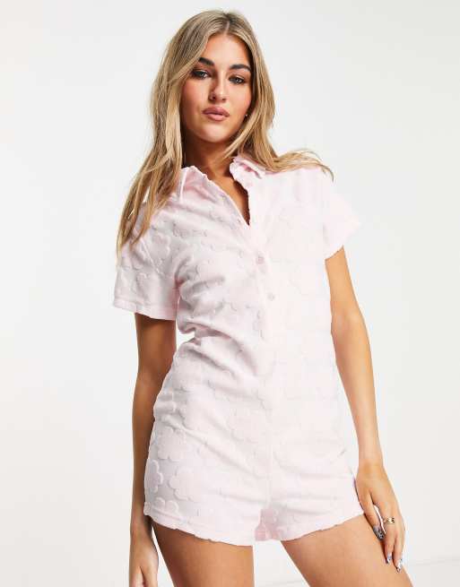 ASOS DESIGN - Mix og Match - Lyserød ribstrikket pyjamasbuksedragt i frotte med krave og skymønster