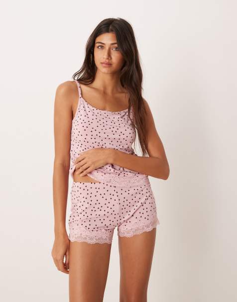ASOS DESIGN - Mix og match - Lyserøde korte pyjamasshorts med blondekanter og hjerteprint - view 1
