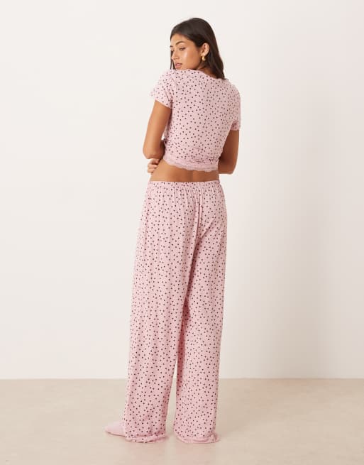 ASOS DESIGN - Mix og match - Lyserøde pyjamasbukser med vide ben og blondekanter i hjerteprint, 2 af 5