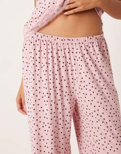 ASOS DESIGN - Mix og match - Lyserøde pyjamasbukser med vide ben og blondekanter i hjerteprint, 4 af 5
