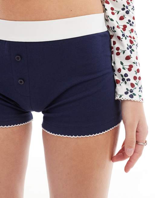ASOS DESIGN - Mix og match - Marineblå pyjamasshorts med synlig linning og picot-detaljer, 4 af 4