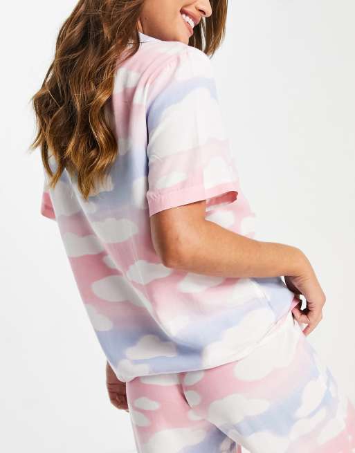 ASOS DESIGN - Mix og Match - Pyjamasskjorte med skyprint i lyserød/blå/hvid modal, 2 af 4