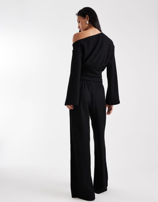 ASOS DESIGN - Mix og match - Sorte bukser med bindedetalje og brede ben samt tekstur , 4 af 5
