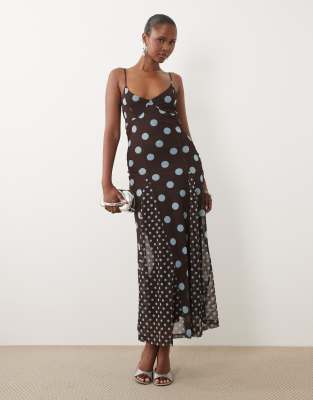 Asos Design Mix Polka Dot Scarf Detail Midi Dress Blue And Brown-multi In Black