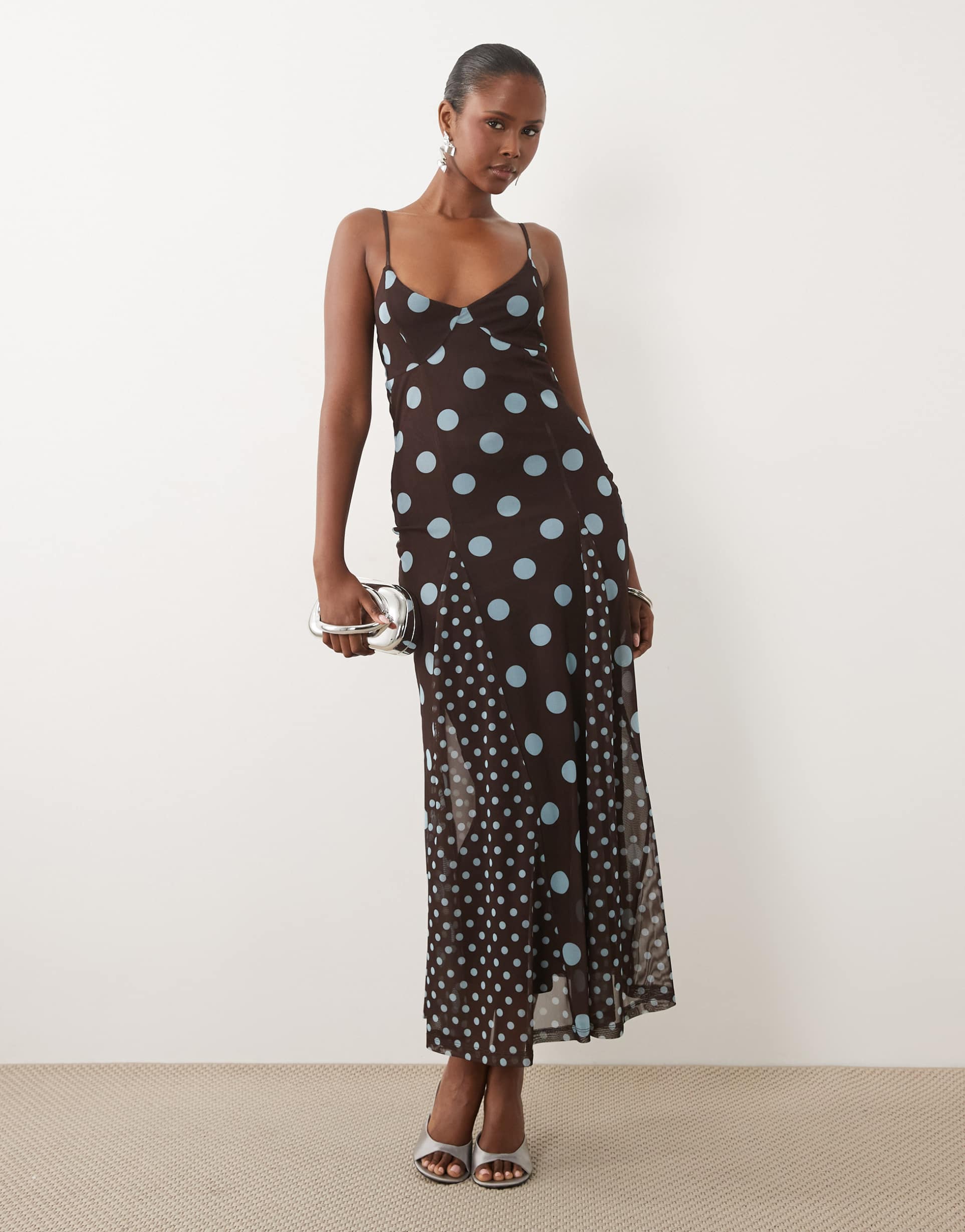 asos design mix polka dot scarf detail midi dress blue and brown
