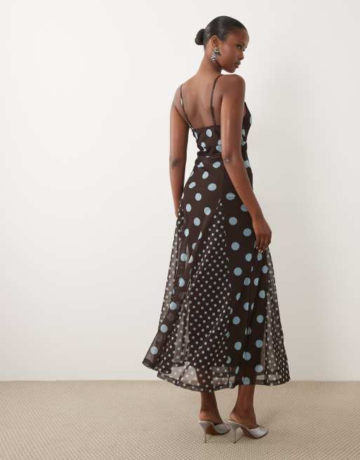 ASOS DESIGN mix polka dot scarf detail midi dress blue and brown, 3 of 4
