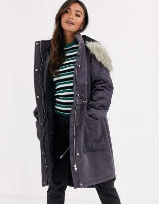 ASOS DESIGN mix wool satin parka in charcoal | ASOS