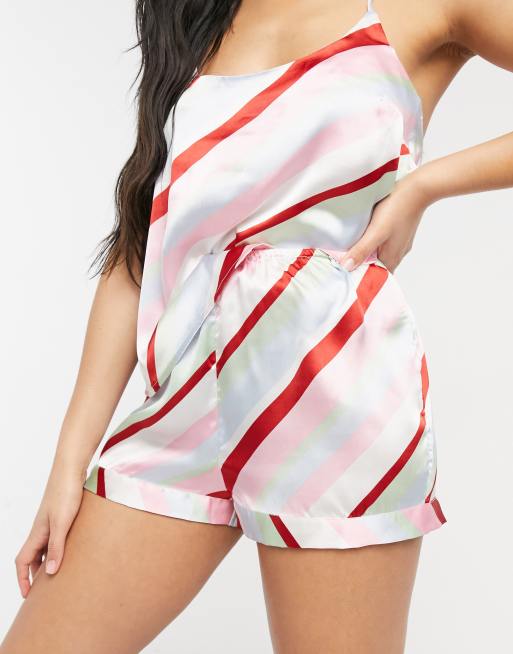 ASOS DESIGN – Mixa och matcha – Flerfärgad pyjamas i satin med linne och shorts, 3 av 3
