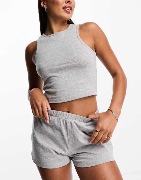 ASOS DESIGN – Mixa & matcha – Gråmelerat pyjamaslinne med brottarringning framtill av bomull - view 1