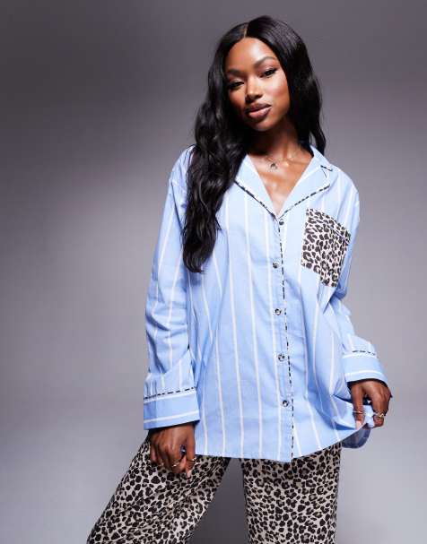 ASOS DESIGN – Mixa & matcha – Randig, leopardmönstrad och vävd pyjamas skjorta, del av set - view 1