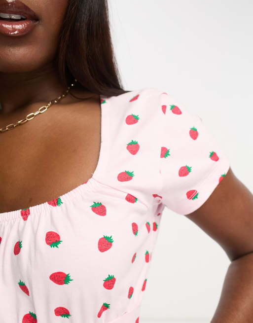 ASOS DESIGN – Mixa & matcha – Rosa milkmaid-pyjamas med jordgubbar, 2 av 4