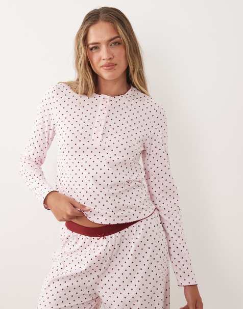 ASOS DESIGN – Mixa & matcha – Rosa och vinröd, prickig pyjamastopp i henleystil med långa ärmar - view 1