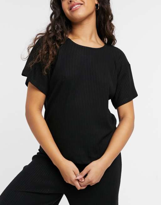 ASOS DESIGN – Mixa & matcha – Svart ribbad pyjamastopp i jersey med spets och slouchy-passform
