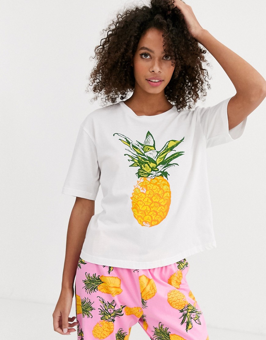 ASOS DESIGN – Mixa och matcha – Ananasmönstrad pyjamaströja i jersey-Flerfärgad