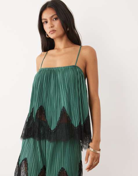 ASOS DESIGN – Mixa och matcha –Blågrönt, plisserat linne med fyrkantig halsringning och svart spetskant - view 1