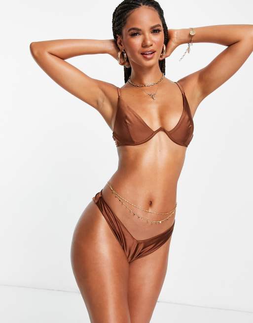 ASOS DESIGN – Mixa och matcha – Brun, silkig bikiniöverdel med v-formad bygel, 4 av 4