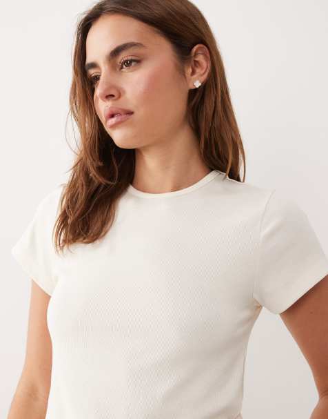 ASOS DESIGN – Mixa och matcha – Elfenbensvit, ribbad, krympt pyjamaströja - view 1