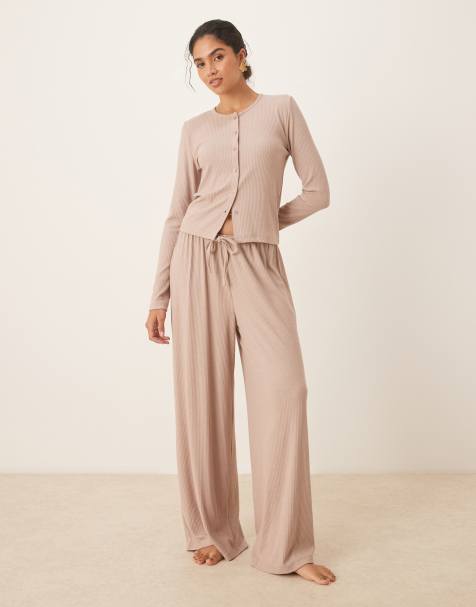 ASOS DESIGN – Mixa och matcha – Gräddvitt, ribbat loungewearset - view 1